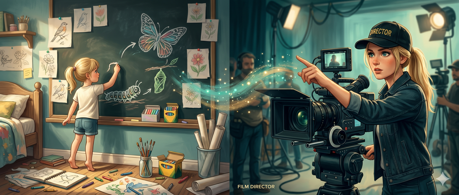 Split scene: young girl drawing butterfly life cycle, grows into a film director on a professional set