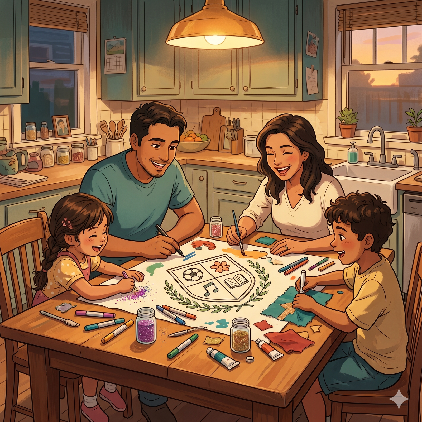 Family working together to design a Family Crest and Family Flag at the kitchen table