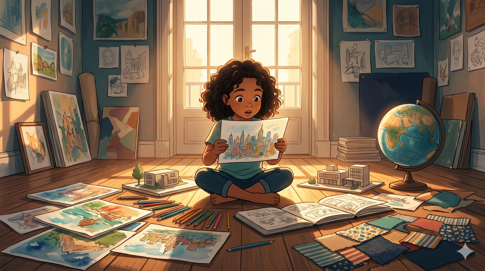 Child surrounded by artwork, maps, sketchbooks and creative materials