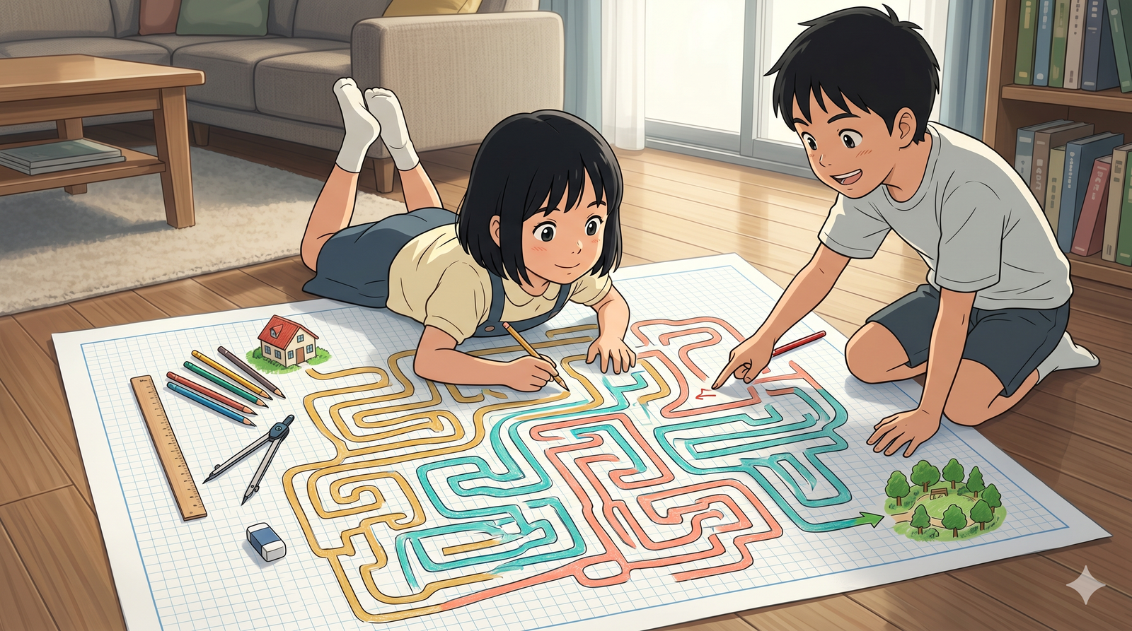 Two children designing a colorful floor maze on graph paper together