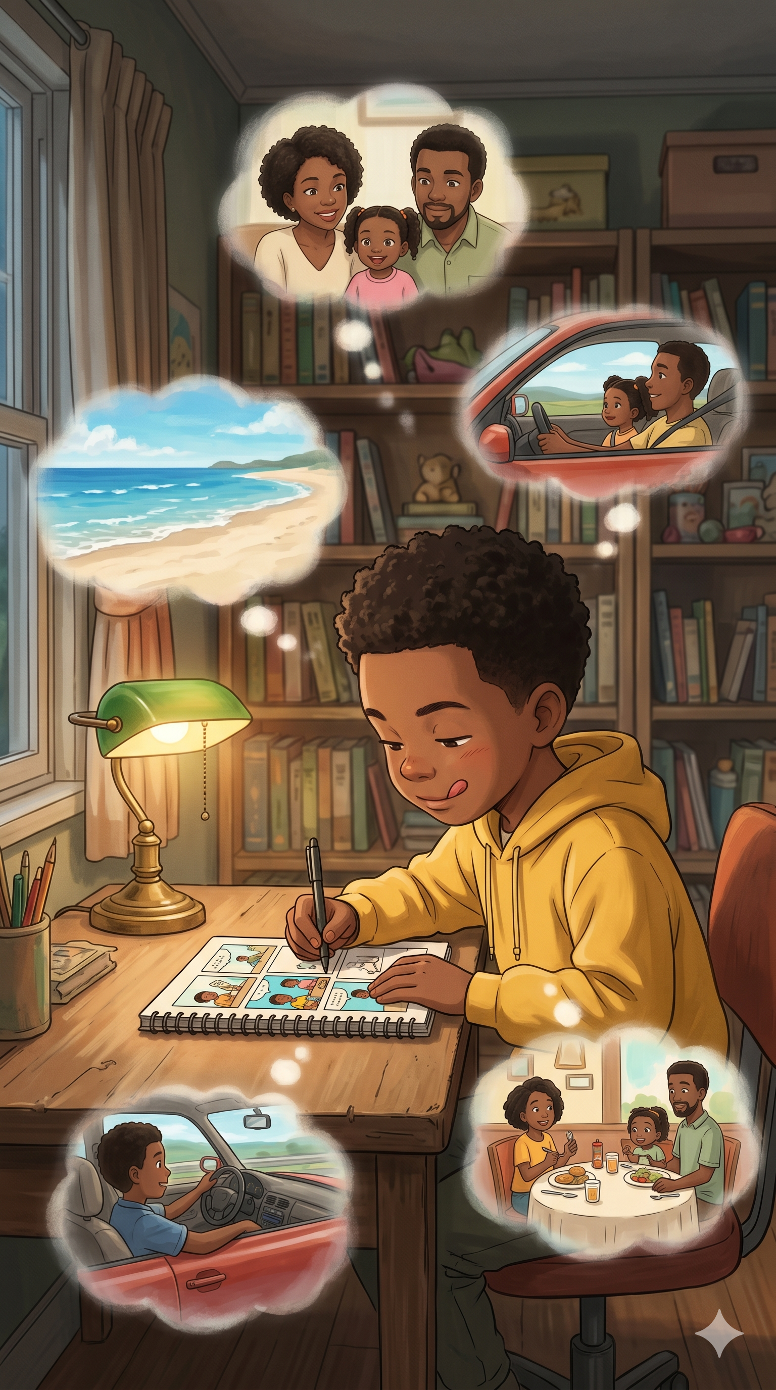Young boy drawing a vacation comic strip, memory thought bubbles surrounding him